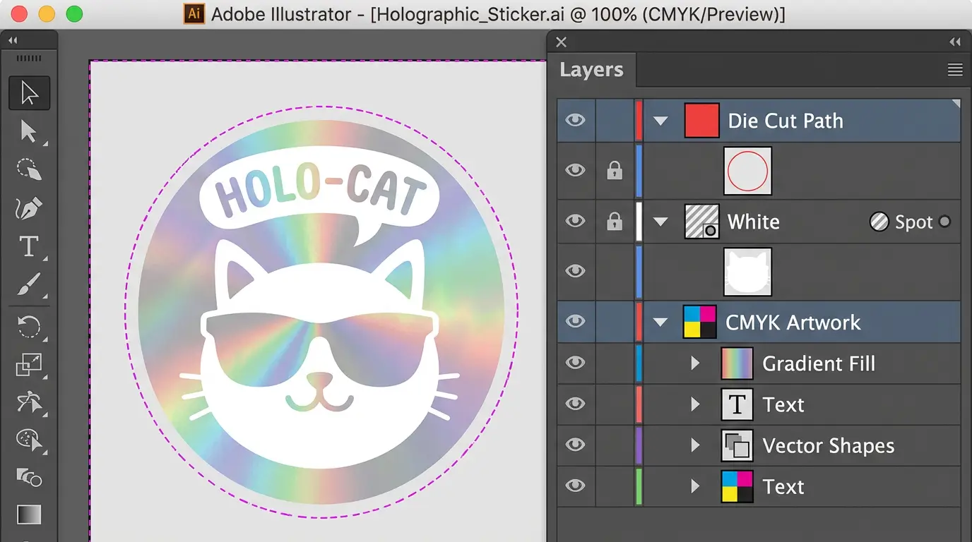 White ink underbase configuration for holographic sticker artwork Adobe Illustrator layer panel showing white ink spot color layer setup for holographic printing