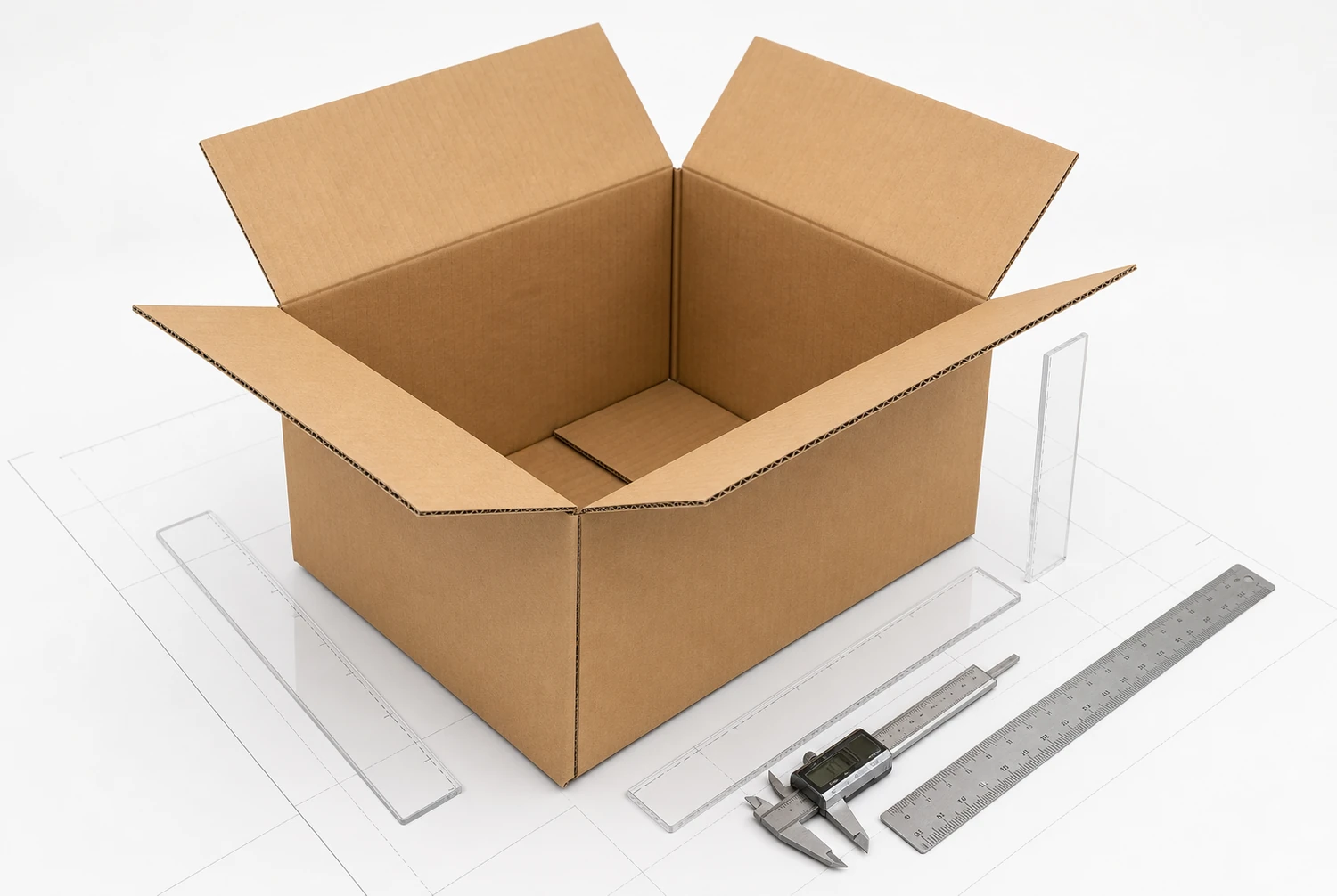 Box dimensions and readable print zones Corrugated shipping box diagram showing internal dimensions, external dimensions, tolerances, barcode zones, and printable areas