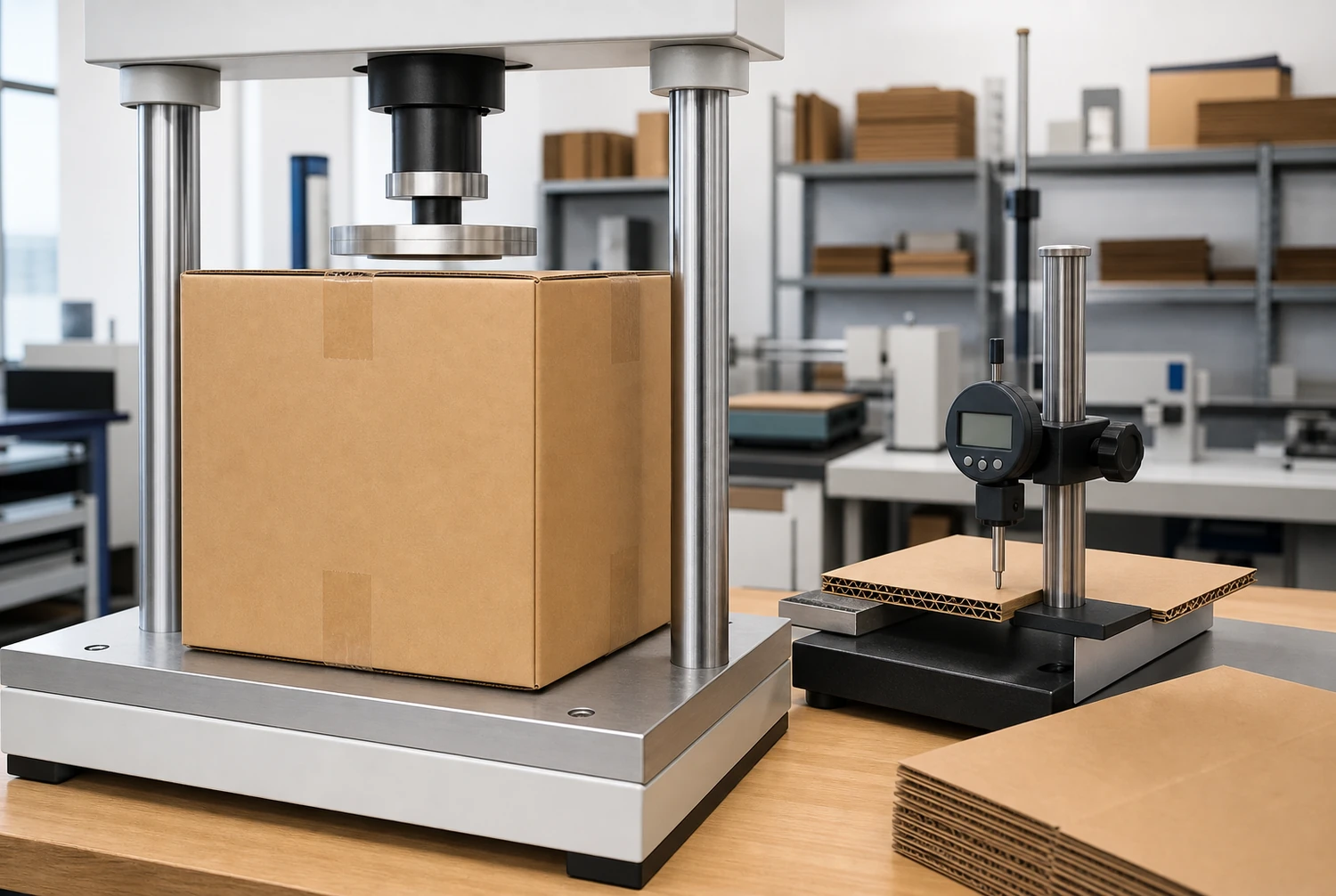 Corrugated shipping box quality inspection Quality inspector measuring corrugated box dimensions, edge crush, joint adhesion, print registration, and compression performance