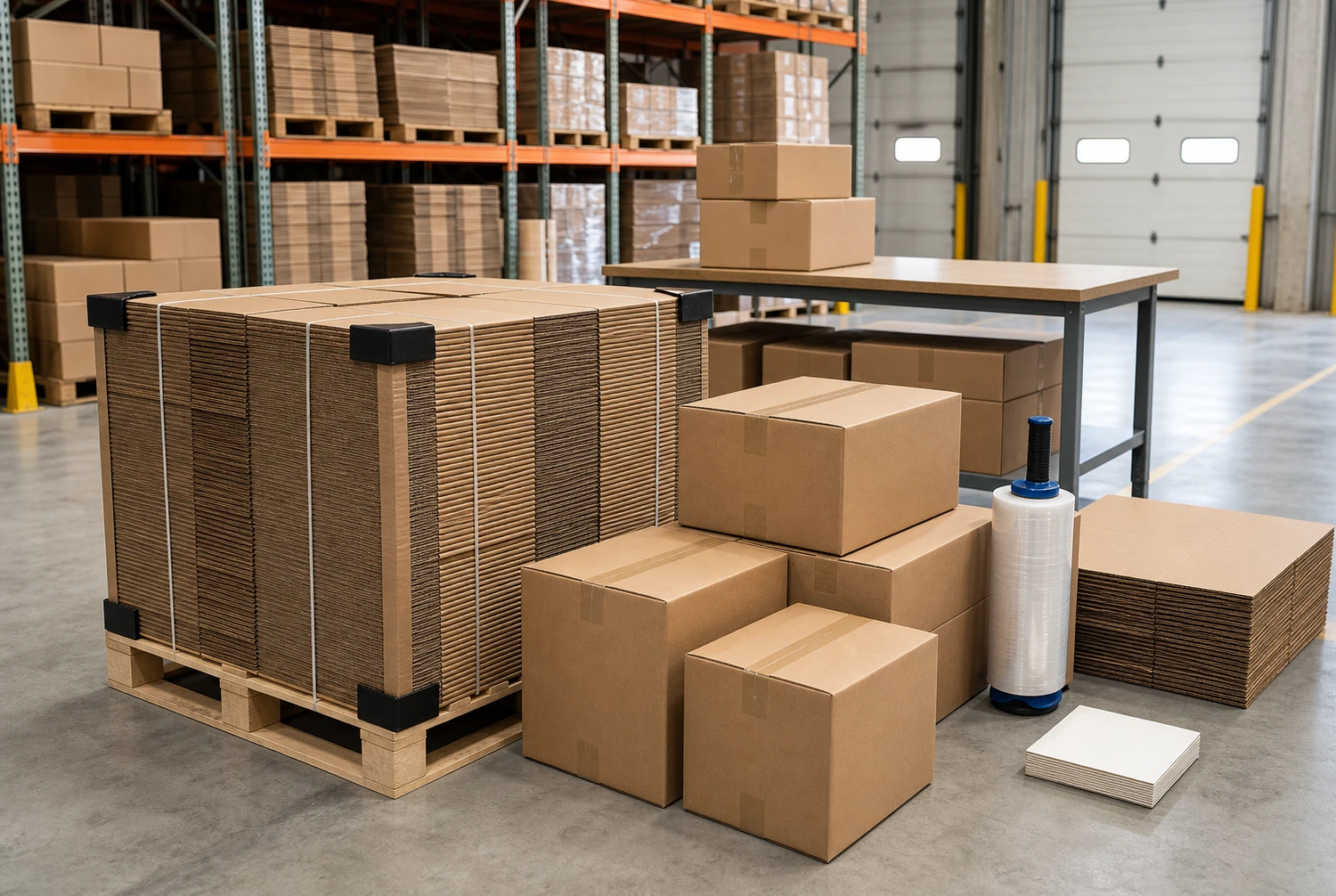 Packaging transport, storage, and reorder planning Flat-packed corrugated shipping boxes protected on pallets with batch labels, warehouse storage, and reorder planning dashboard