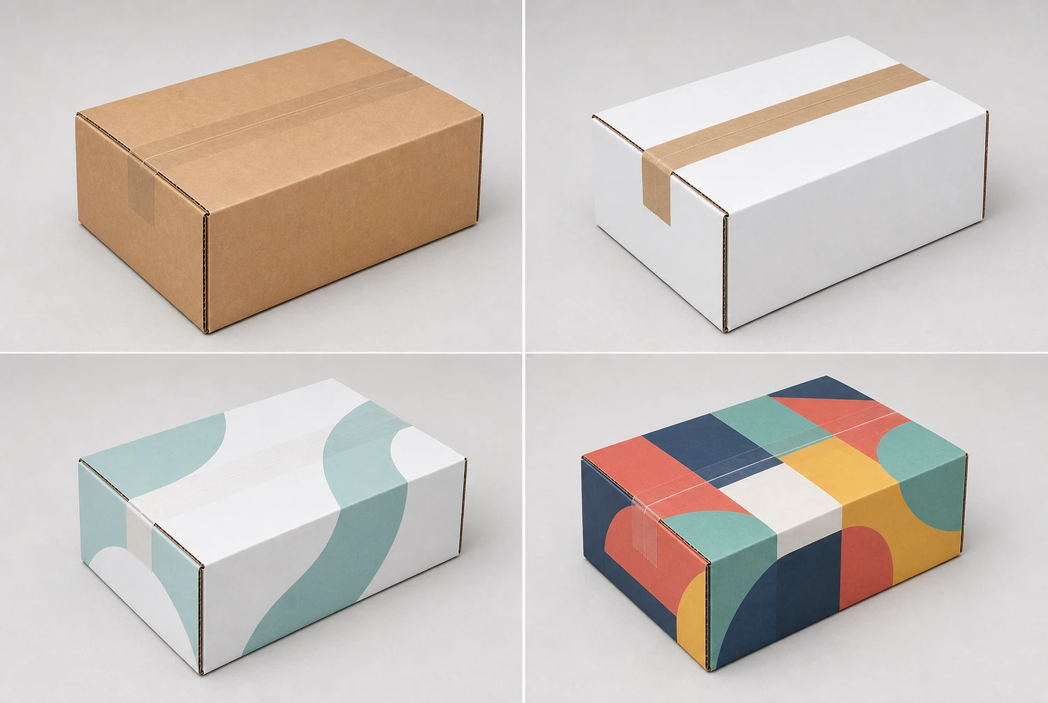 Corrugated box surface and back closure options Kraft and white corrugated surfaces with taped, glued, tuck-lock, and return-ready back closure options