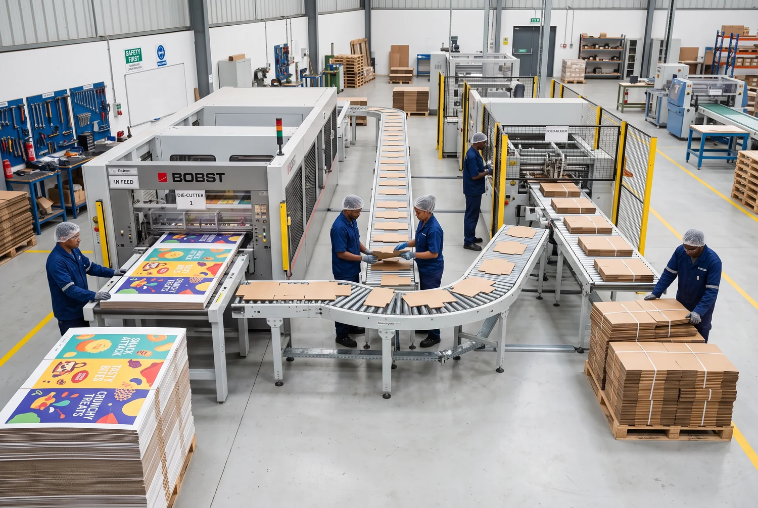 Counter display box printing and converting workflow Factory production line printing, die-cutting, folding, and gluing branded corrugated counter display boxes