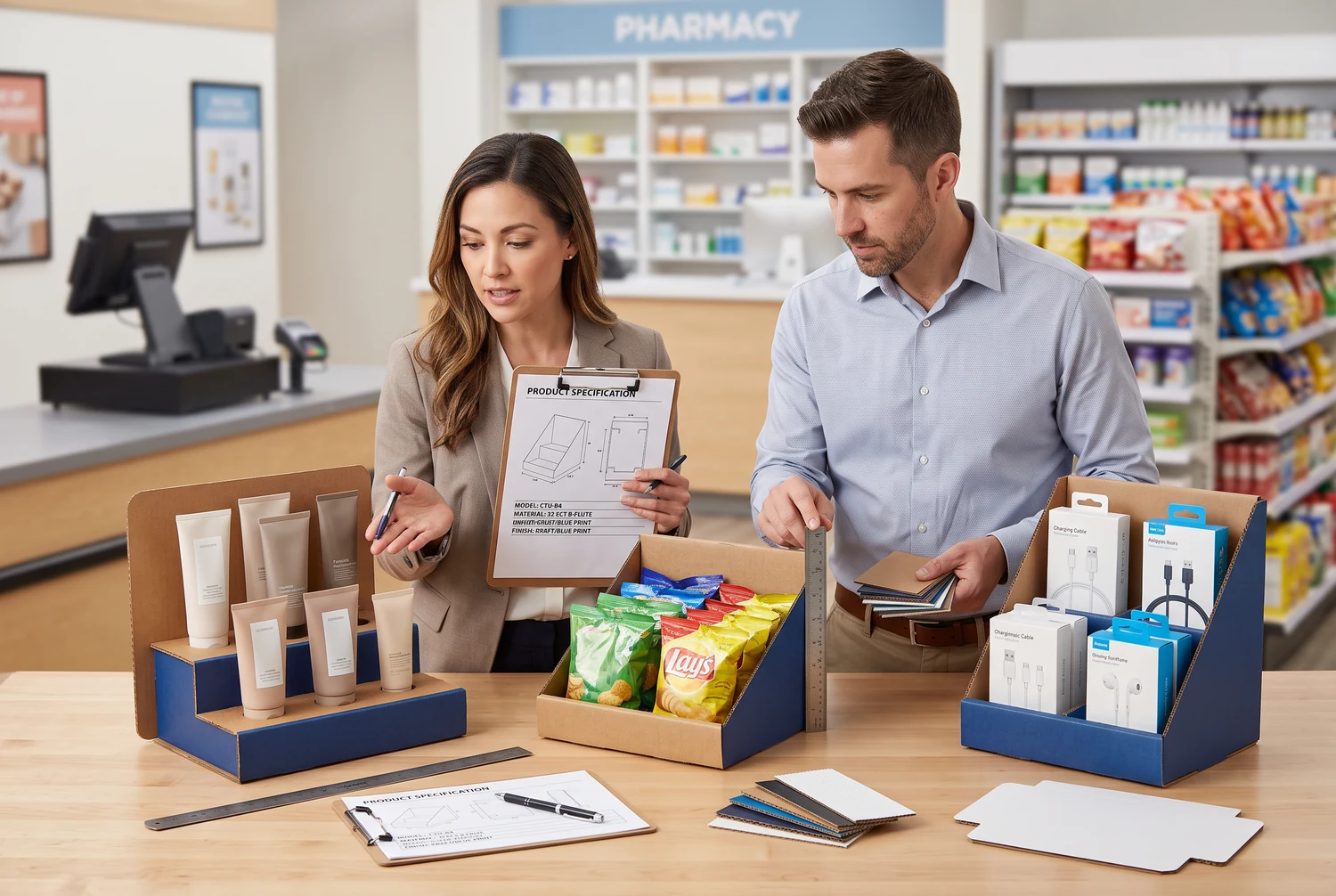 Counter display box procurement and retail application scenarios Packaging buyer reviewing custom counter display boxes for cosmetics, snacks, and accessories in retail scenarios