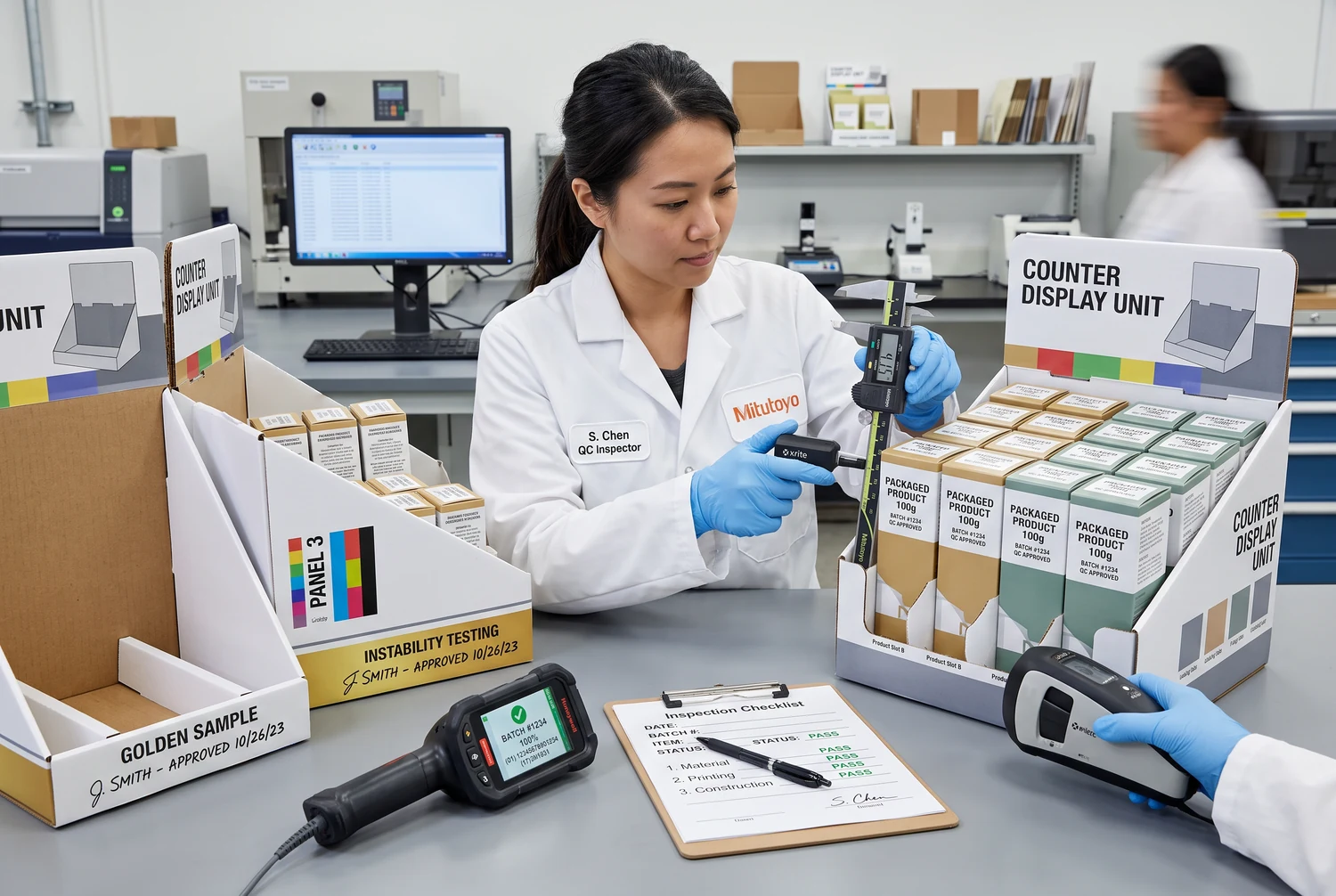 Counter display dimensional, print, assembly, and load inspection Quality inspector measuring a printed counter display and checking color, locks, product fit, and loaded stability