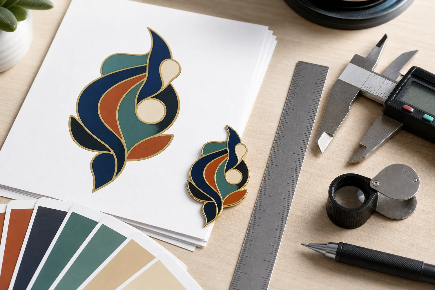 Custom soft enamel pin artwork preflight Designer preflighting vector artwork for closed color areas, metal lines, Pantone references, text size, and post position