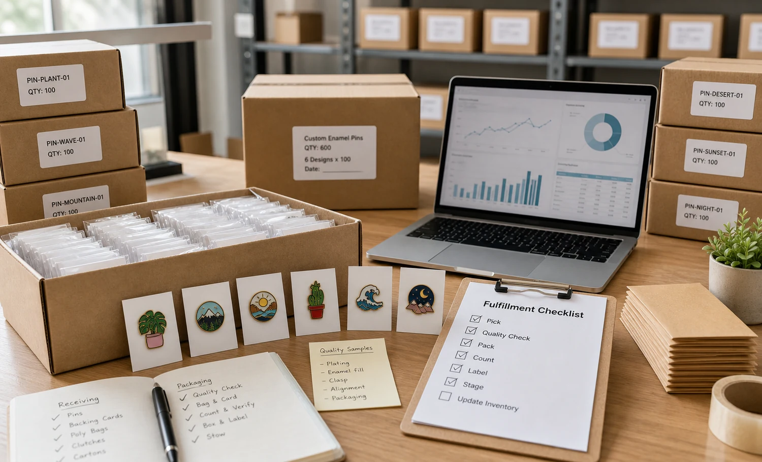 Custom pin packaging, shipping, and reorder records Inspected custom soft enamel pins packed on backing cards, counted into cartons, labeled for shipping, and recorded for reorder