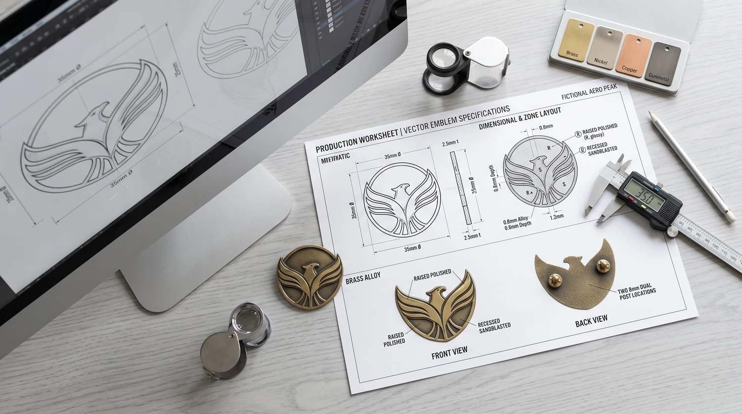 Production artwork preflight for die struck metal pins Vector artwork preflight for a custom die struck pin with dimensions, relief zones, plating notes, and post positions