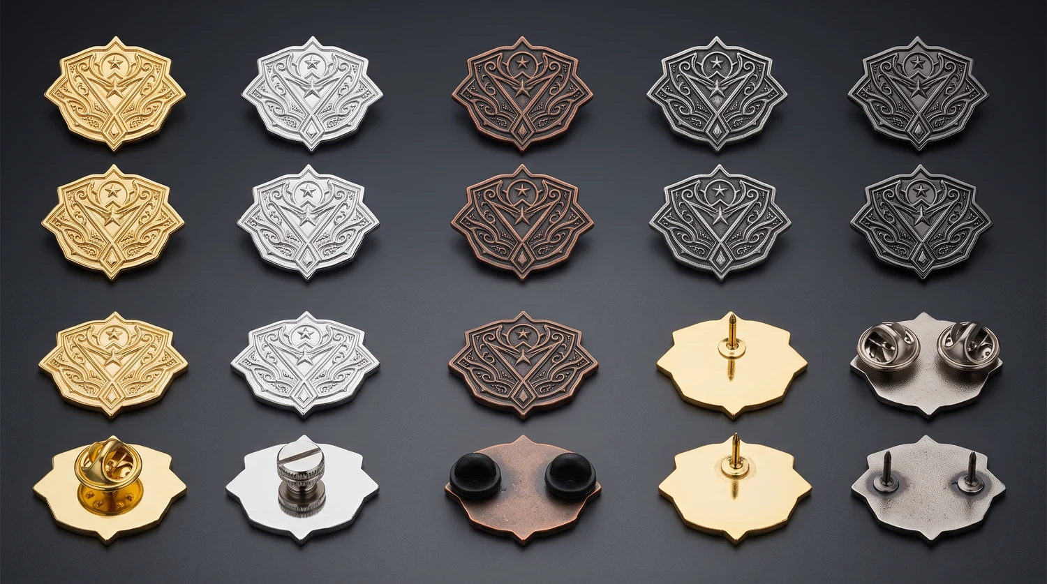 Custom die struck pin surface finishes and backing options Polished, antique, and black nickel die struck pin finishes displayed with butterfly, locking, and dual-post backings