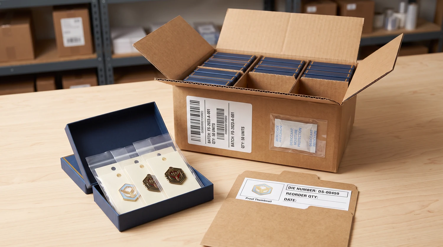 Protective packaging, shipping, and reorder control for die struck pins Custom die struck pins packed in protective bags, presentation cards, and gift boxes with labeled reorder records