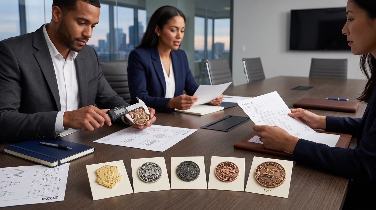 Custom die struck pin procurement and application scenarios Procurement team reviewing custom die struck pins for recognition, school, government, and commemorative programs