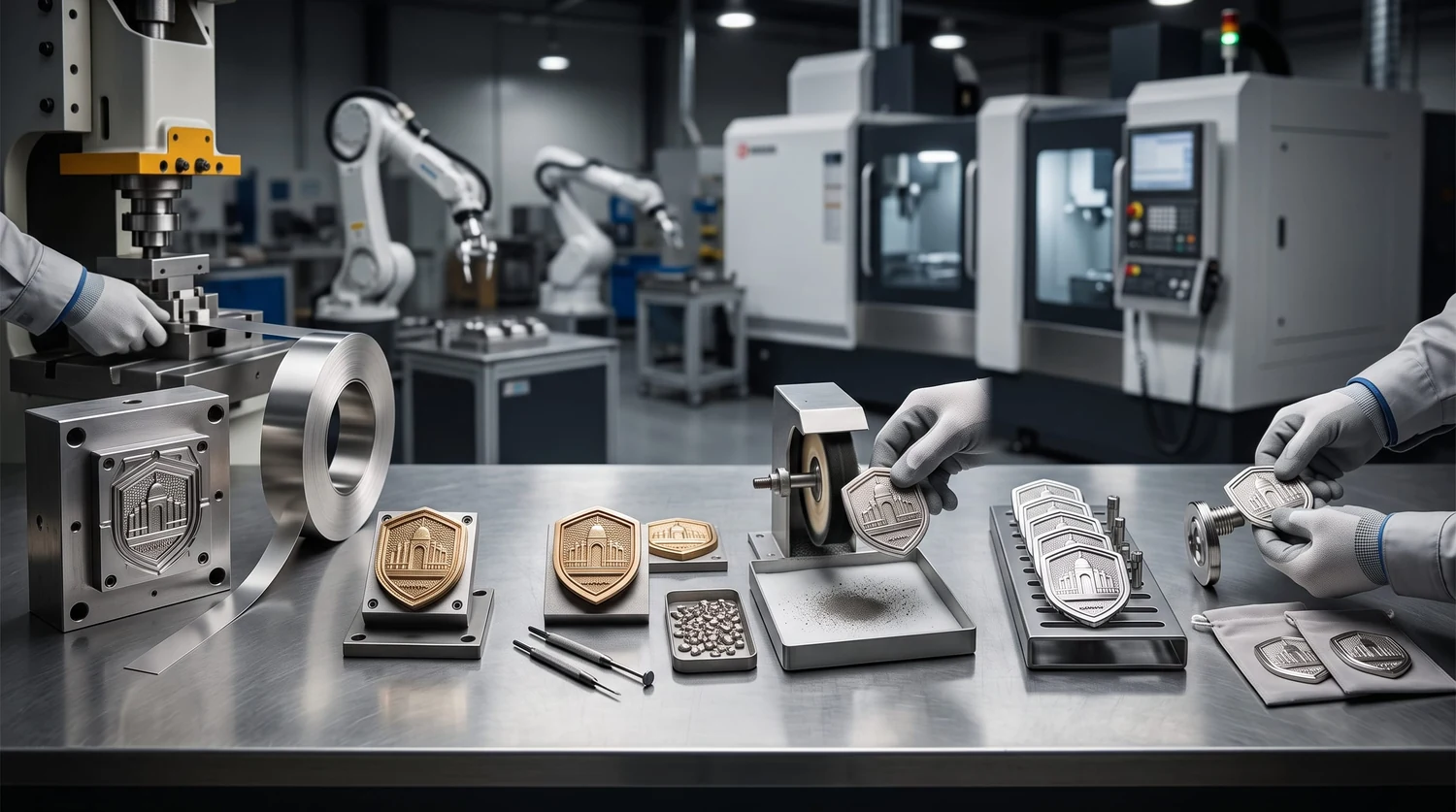 Custom die struck pin manufacturing process Factory production sequence for custom die struck pins from steel die preparation through striking, polishing, plating, and assembly
