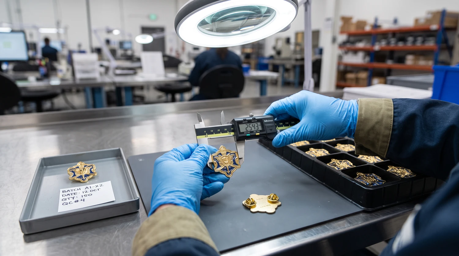 Die struck pin batch quality inspection Quality inspector checking die struck pin dimensions, relief, plating, edges, posts, and clutches under controlled lighting