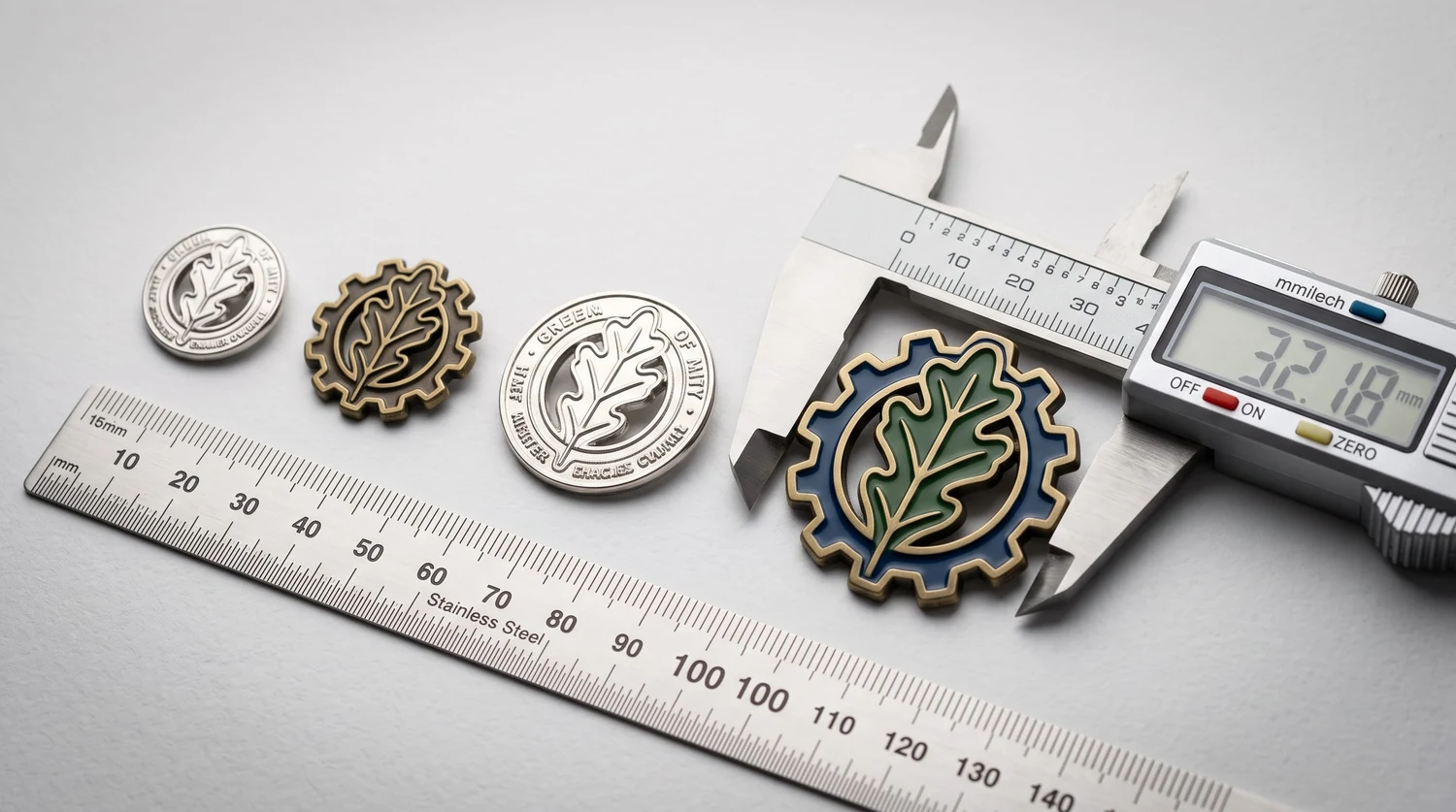 Die struck pin dimensions and metal detail readability Custom die struck pin size and readability comparison with lettering, line spacing, and relief details
