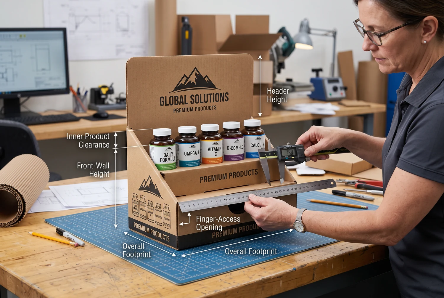 Counter display dimensions, product access, and message readability Technical measurement of a countertop display showing product clearance, header height, footprint, and readable branding