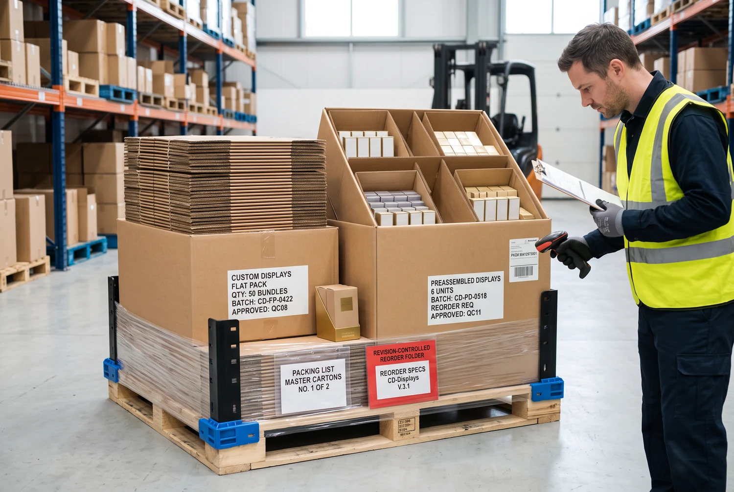 Counter display packing, transportation, batch traceability, and repeat ordering Flat-packed and preassembled counter displays prepared for protected shipping with reorder records and batch labels