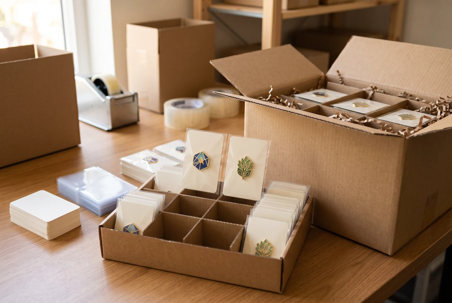 Hard enamel pin packaging shipping and reorder control Retail backing cards protected shipping cartons and reorder records for enamel pins