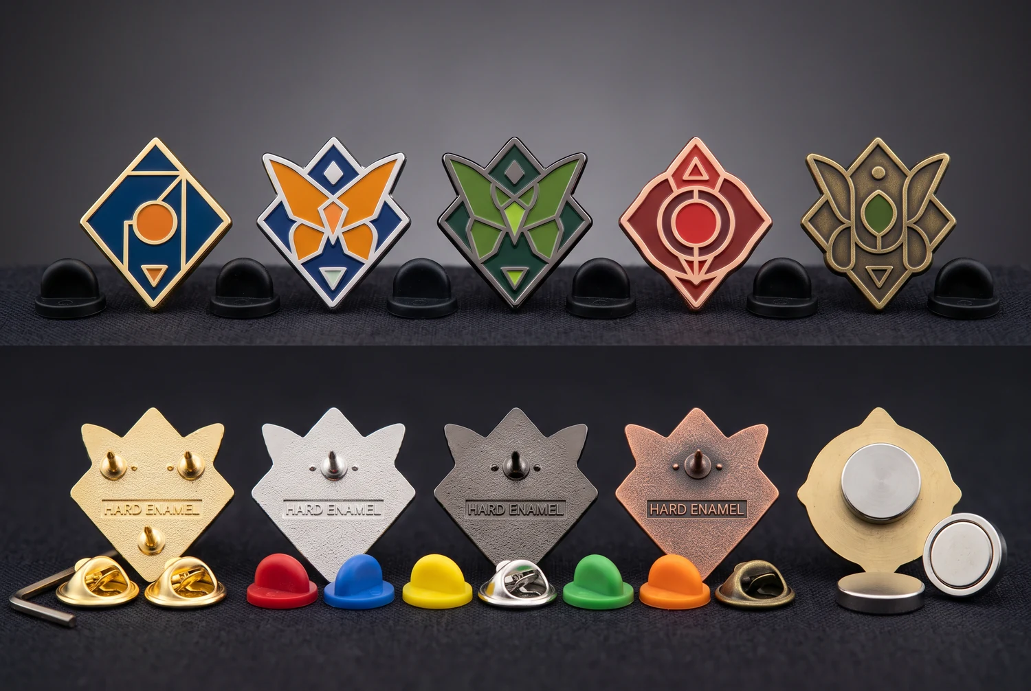 Hard enamel surface, plating and backing options Hard enamel pin surface finishes with rubber, butterfly and locking pin back options