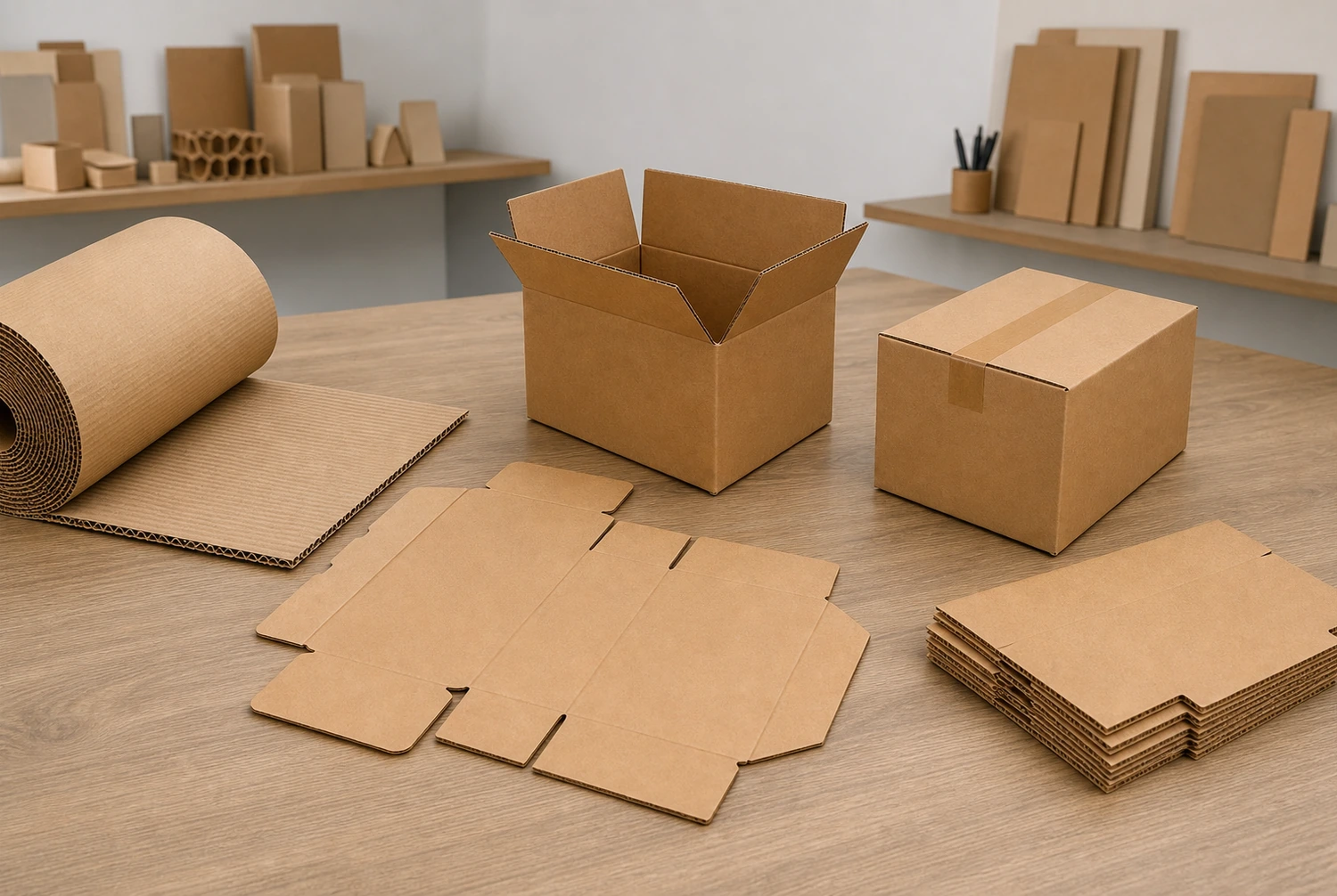 Factory-direct corrugated shipping box production flow Factory-direct corrugated box production from board corrugating and printing through die-cutting, folding, gluing, and palletizing