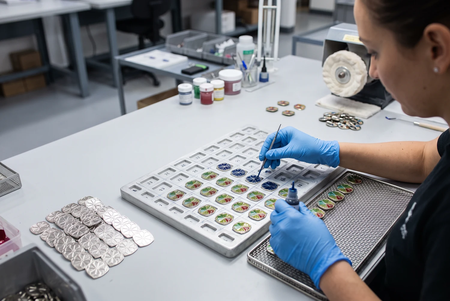 Custom hard enamel pin manufacturing process Factory production sequence for custom hard enamel pins from mold to polishing