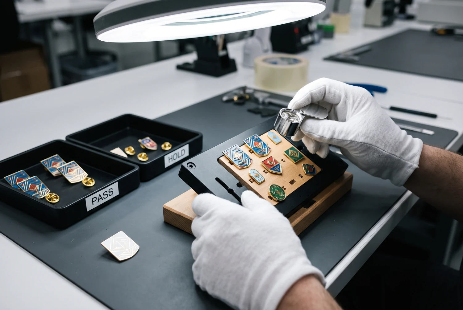 Hard enamel pin quality inspection checkpoints Quality inspector checking enamel fill plating dimensions and pin post alignment