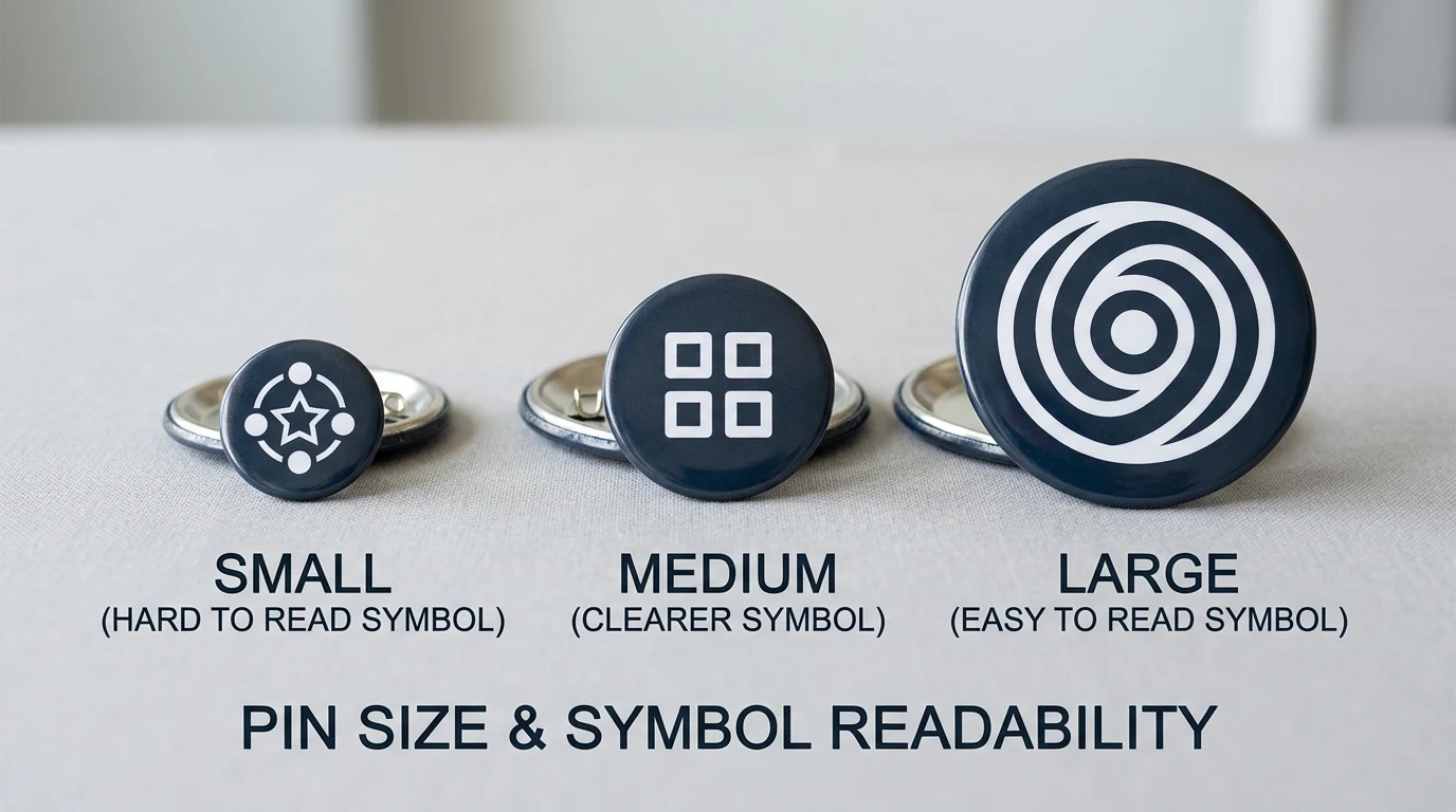 Pinback button size and artwork readability comparison Comparison of one inch, one and a half inch, two and a quarter inch, and three inch pinback buttons with readable artwork