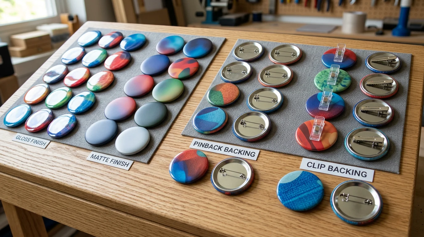 Surface finishes and backing options for custom printed buttons Gloss and matte custom buttons displayed beside standard pin, magnetic, bulldog clip, and fridge magnet backing options