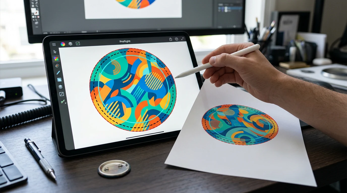 Artwork preflight for bulk custom pinback button production Designer checking custom button artwork for 300 DPI resolution, CMYK color, bleed, safe area, and revision number