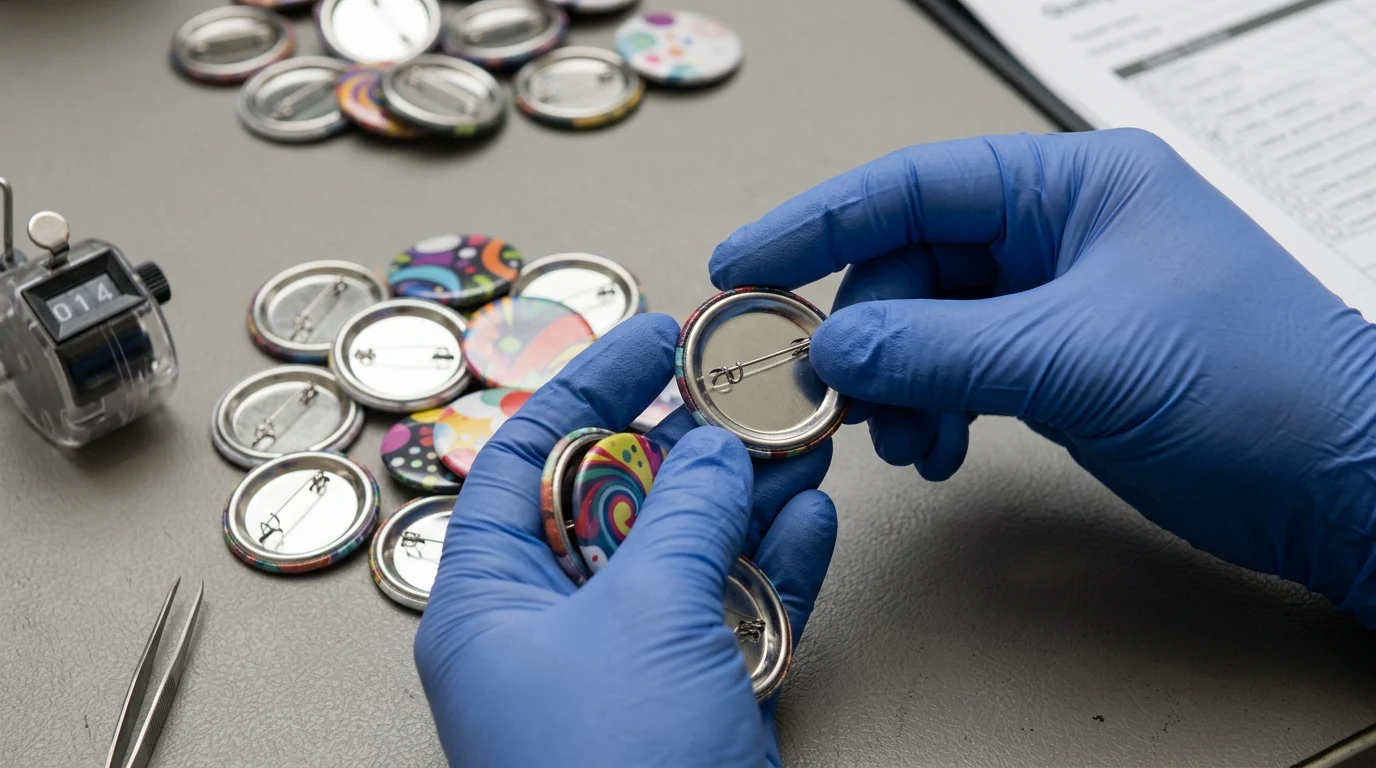 Quality inspector checking print clarity, centered artwork, smooth crimped edges, and secure pin backs on custom buttons
