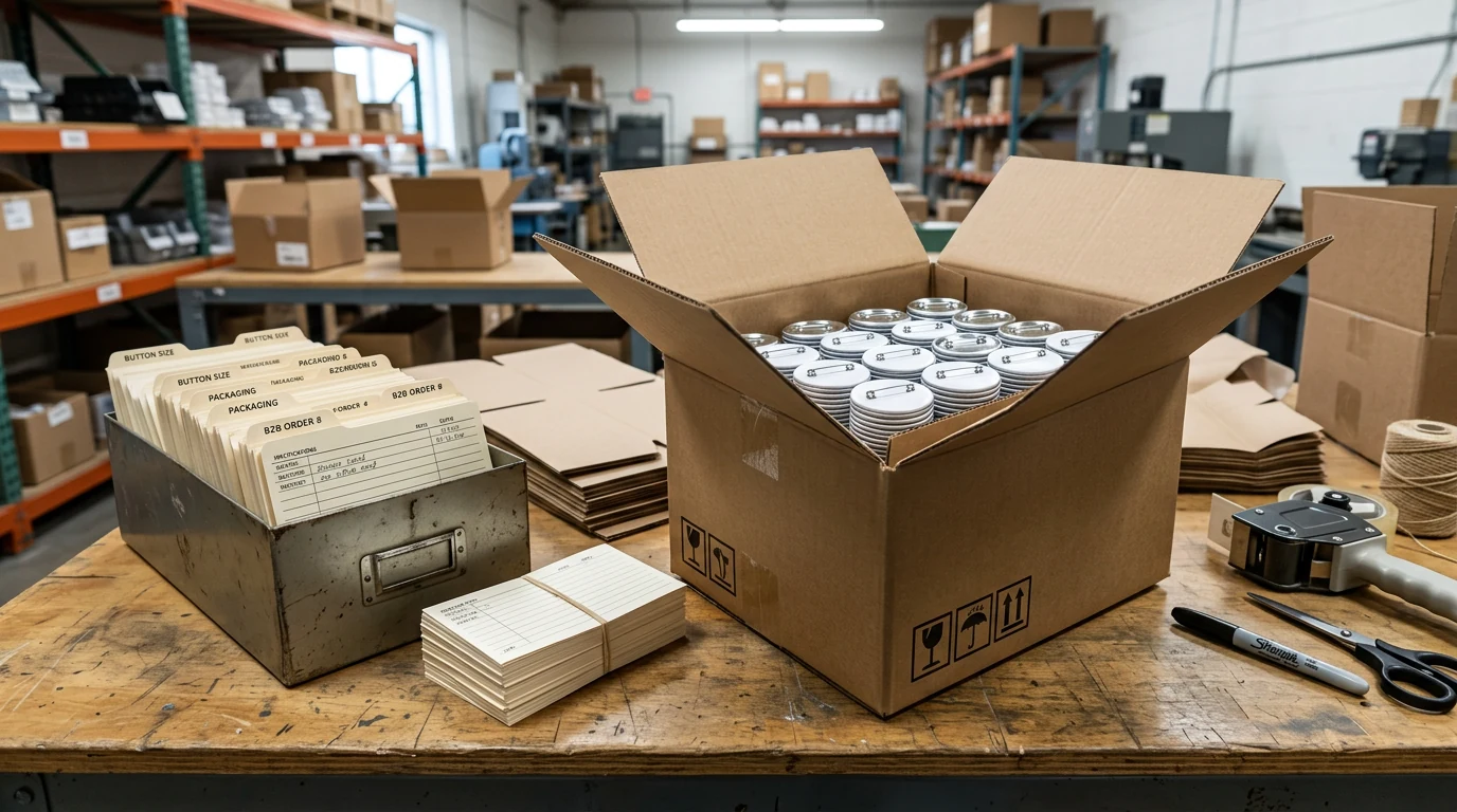 Custom pinback buttons separated by design in protective bags and labeled cartons for shipping, fulfillment, and easy reordering