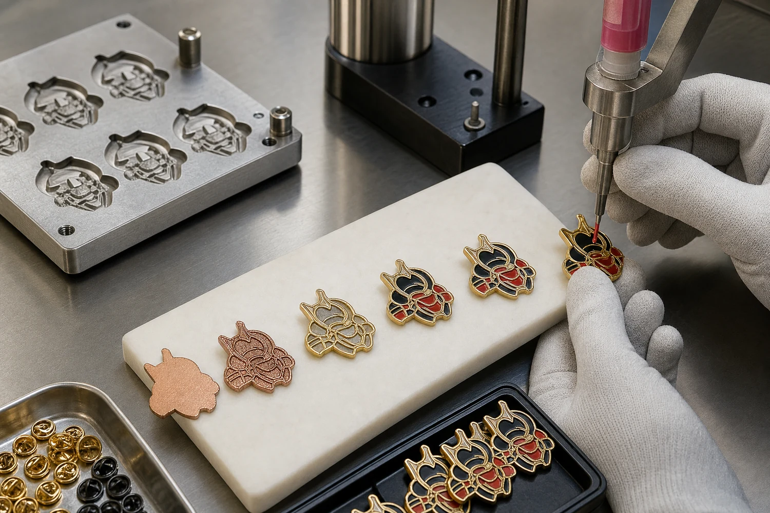 Custom soft enamel pin production process Step-by-step soft enamel pin production scene with metal forming, plating, color filling, curing, and backing installation