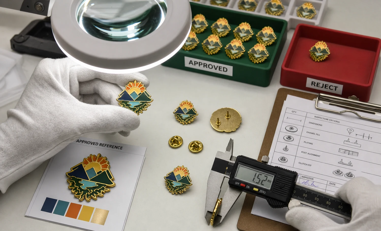 Soft enamel pin quality inspection checklist Quality inspector checking soft enamel pin color fill, edges, plating, post alignment, clutch fit, and batch consistency