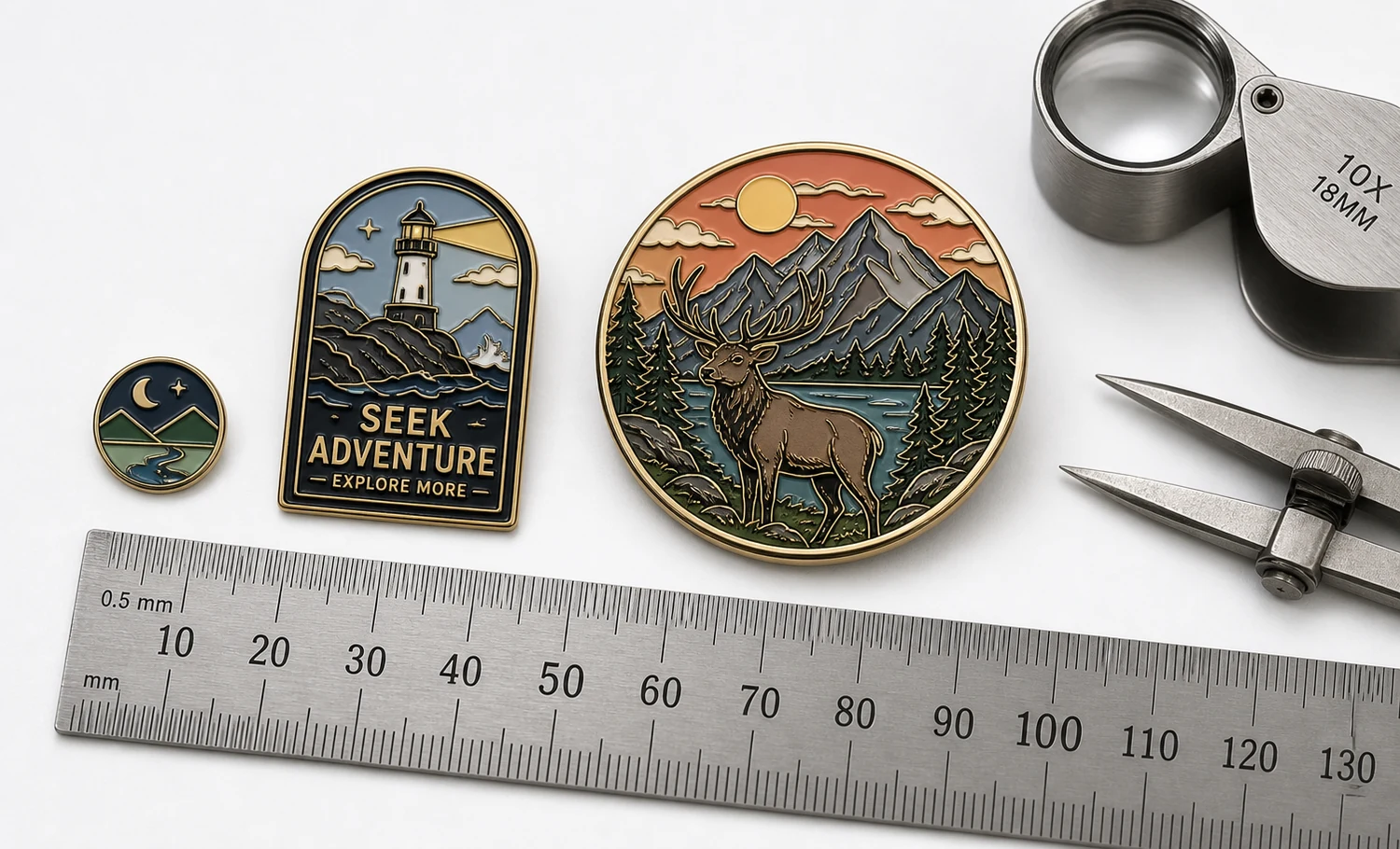 Soft enamel pin size and readability review Soft enamel pin designs shown at actual scale beside a ruler with clear and crowded lettering examples