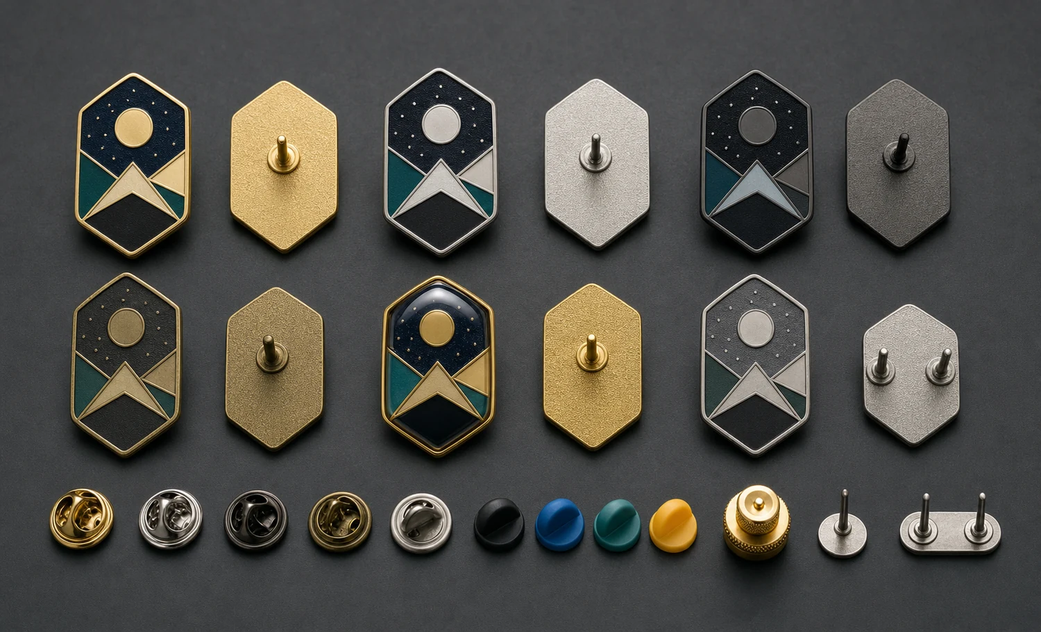 Soft enamel surfaces, posts, and backing options Custom soft enamel pins displaying recessed color, metal finishes, single and double posts, and several clutch options