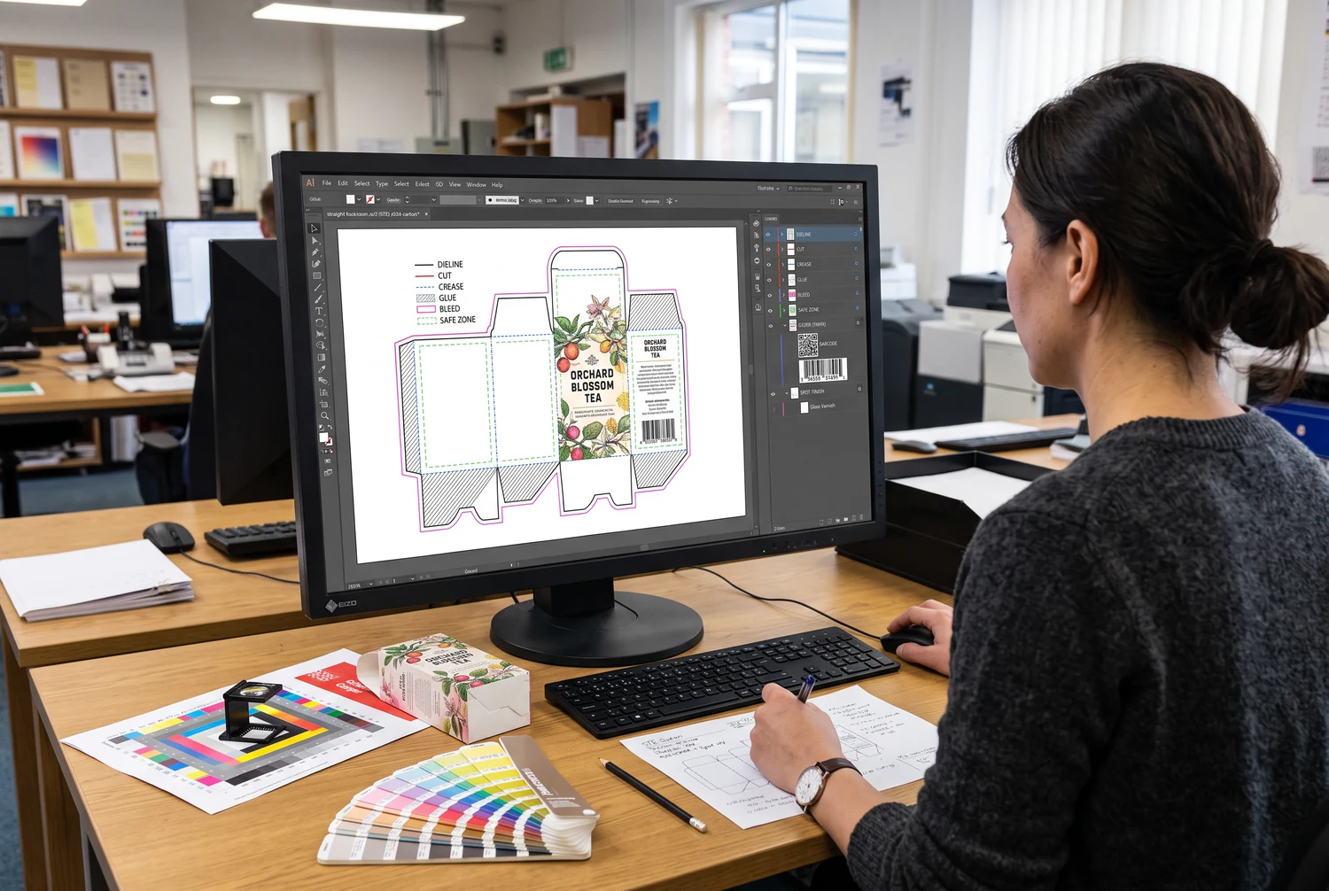Artwork preflight for custom printed straight tuck end boxes Prepress specialist inspecting dieline layers, bleed, color values, barcode quiet zones, and print resolution