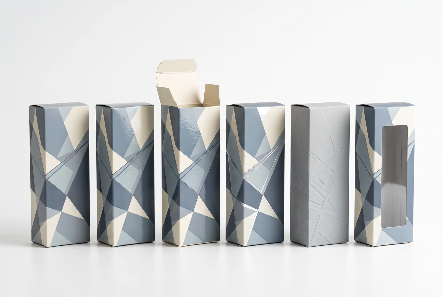 Surface finishes and back-tuck closure options for custom cartons Straight tuck end box samples showing matte, gloss, foil, window, and back-tuck closure options