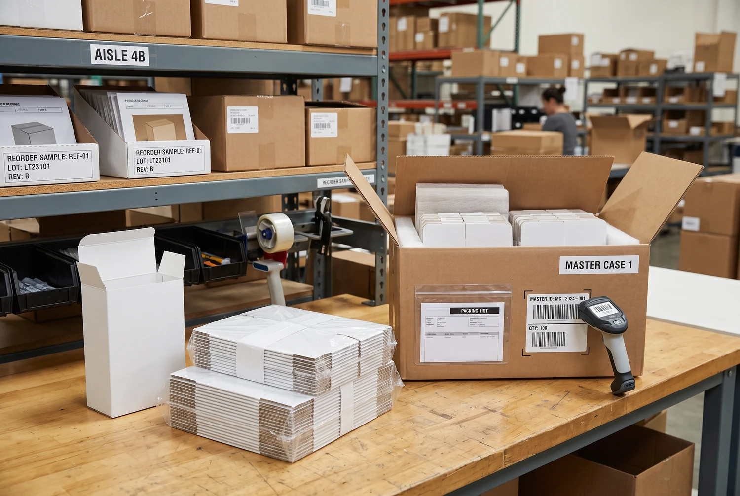 Flat-pack shipping, inventory control, and repeat-order workflow Flat-packed straight tuck end cartons prepared for protected shipping, inventory control, and repeat ordering
