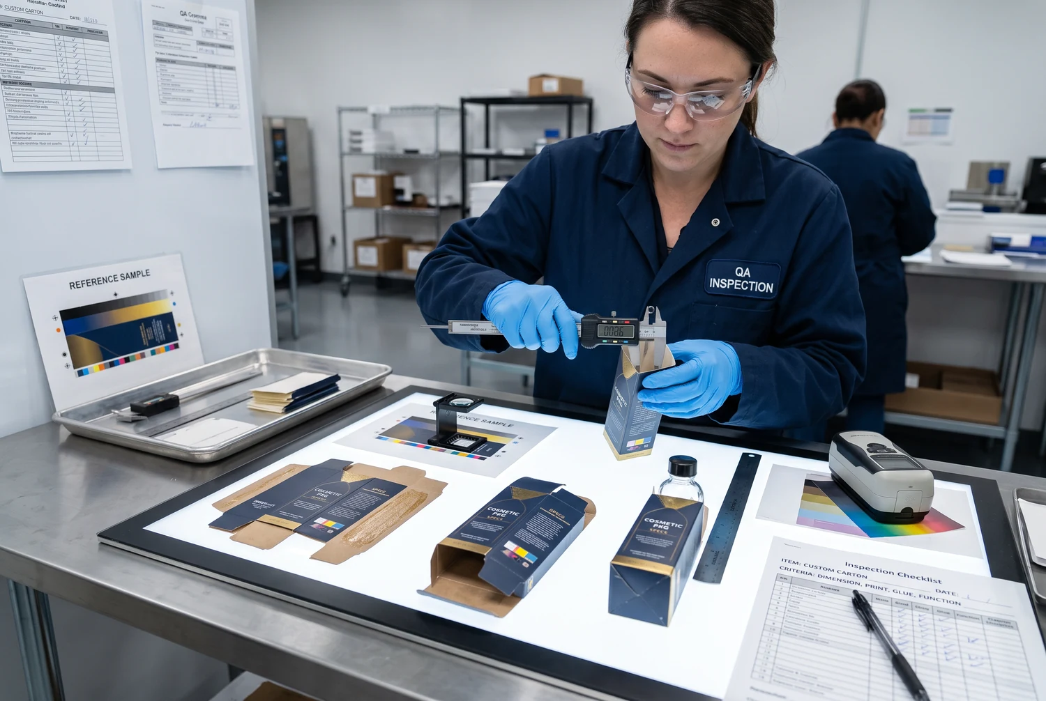 Measurable quality inspection for straight tuck end cartons Quality inspector measuring carton dimensions, print registration, color, folds, and glued seams