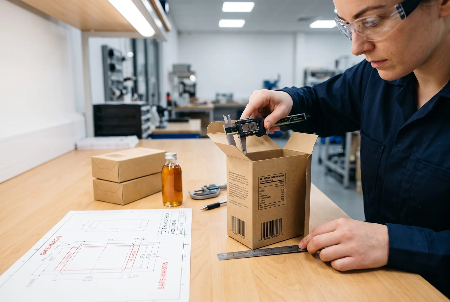 Straight tuck end carton size, fit, and readability verification Packaging engineer measuring product fit and checking barcode and label readability on a straight tuck end carton