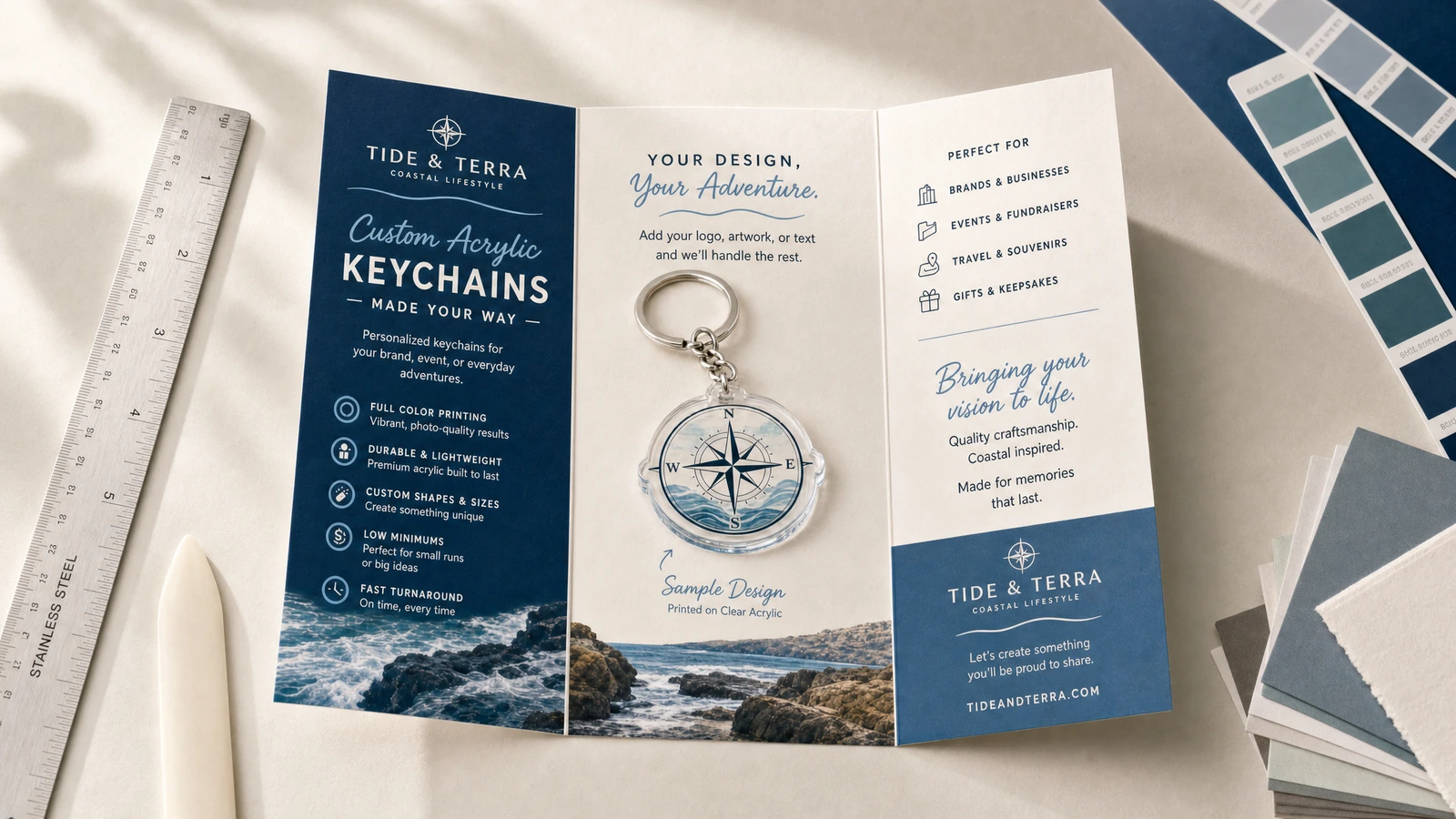 Acrylic Keychain Size and Readability Evaluation Acrylic keychain artwork shown at multiple reference sizes with text readability and cut-margin checks