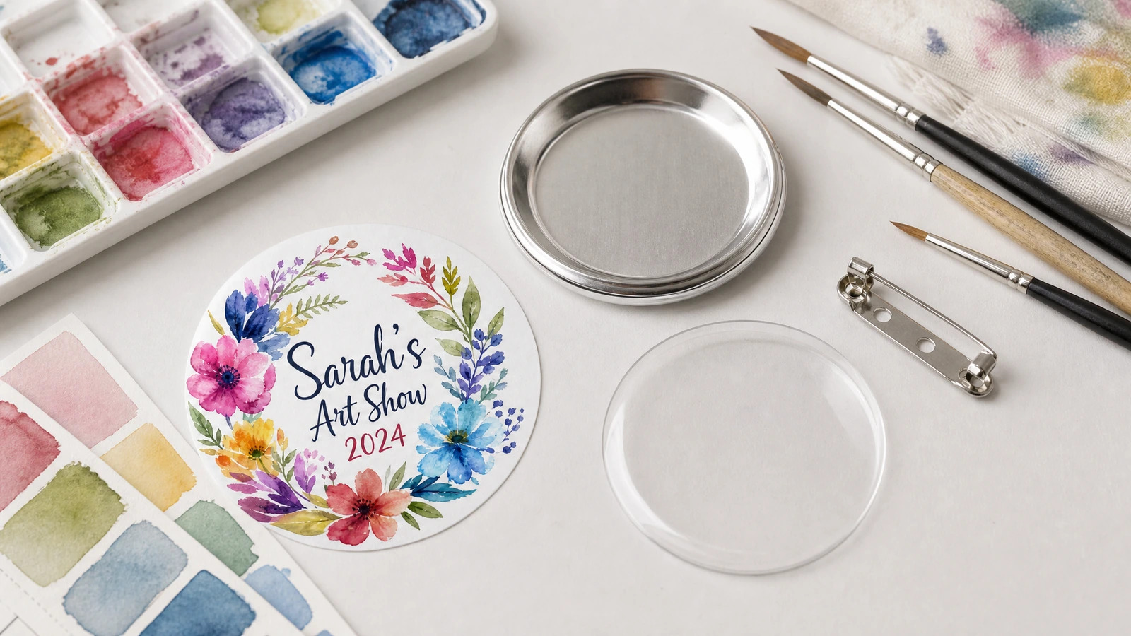 Custom pinback buttons arranged for an exhibition, school program, fundraiser and artist merchandise display