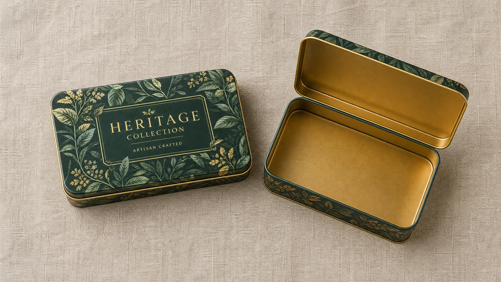 Custom hinged tin box surface finishes, inserts, rear hinge structures, and front closure options