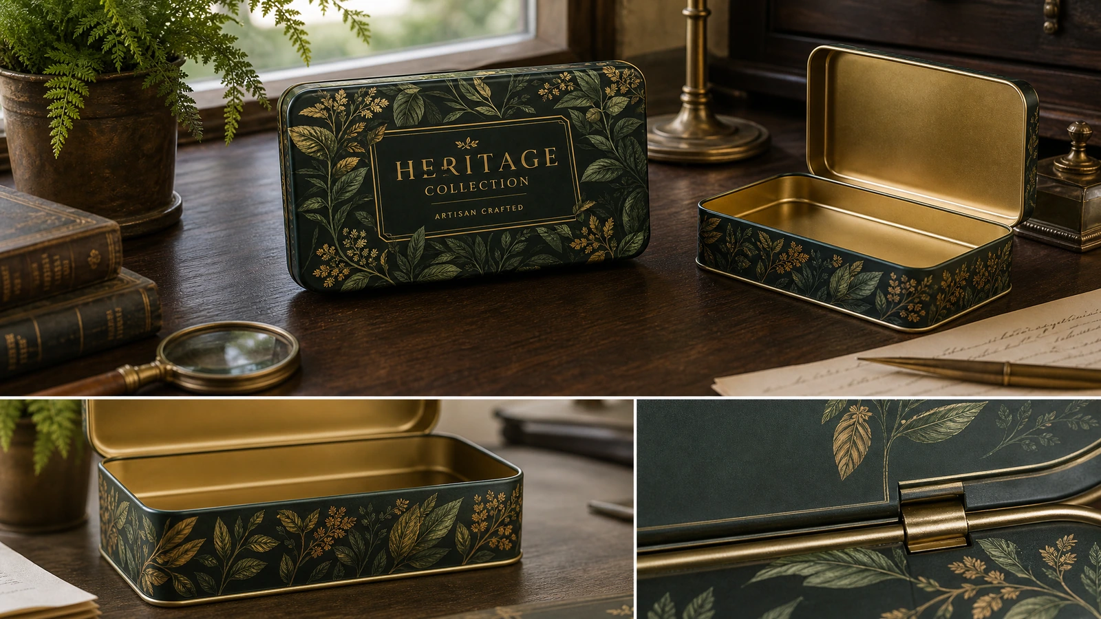 Protected custom hinged tin boxes packed with dividers for shipping and documented repeat-order control