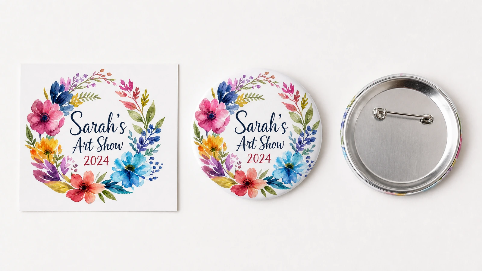 Printed artwork, cutting, shell layering and two-stage pressing shown as a custom pinback button production flow