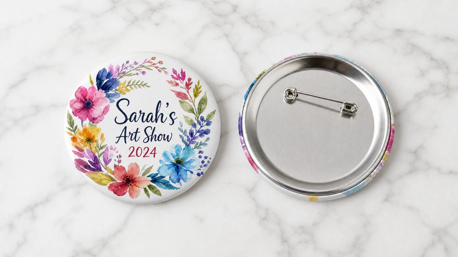 Side-by-side custom pinback button size study showing logo, short message and detailed artwork readability