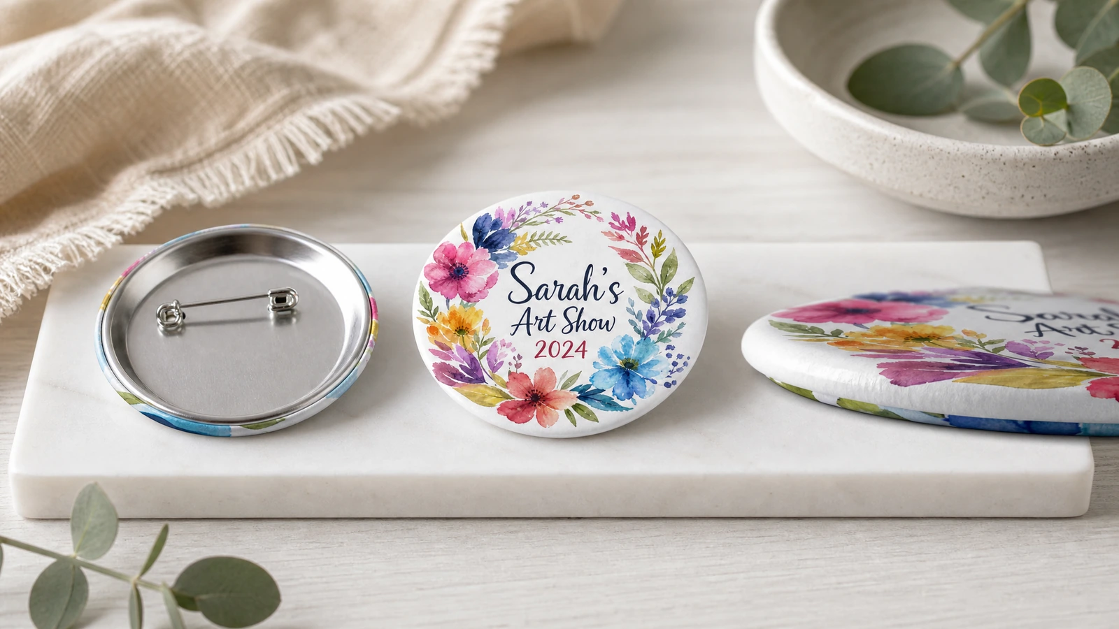 Custom pinback buttons sorted by design, packed for shipment and documented for a repeat order