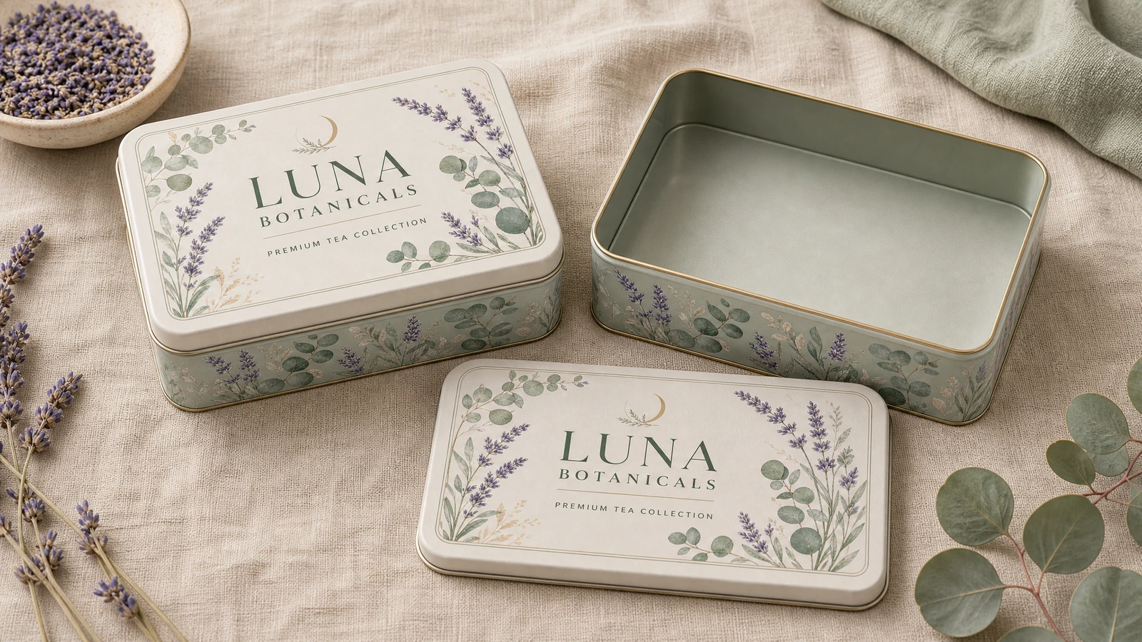 Dimensioned custom two-piece tin box with internal clearance, lid overlap, artwork safe area, and label readability callouts