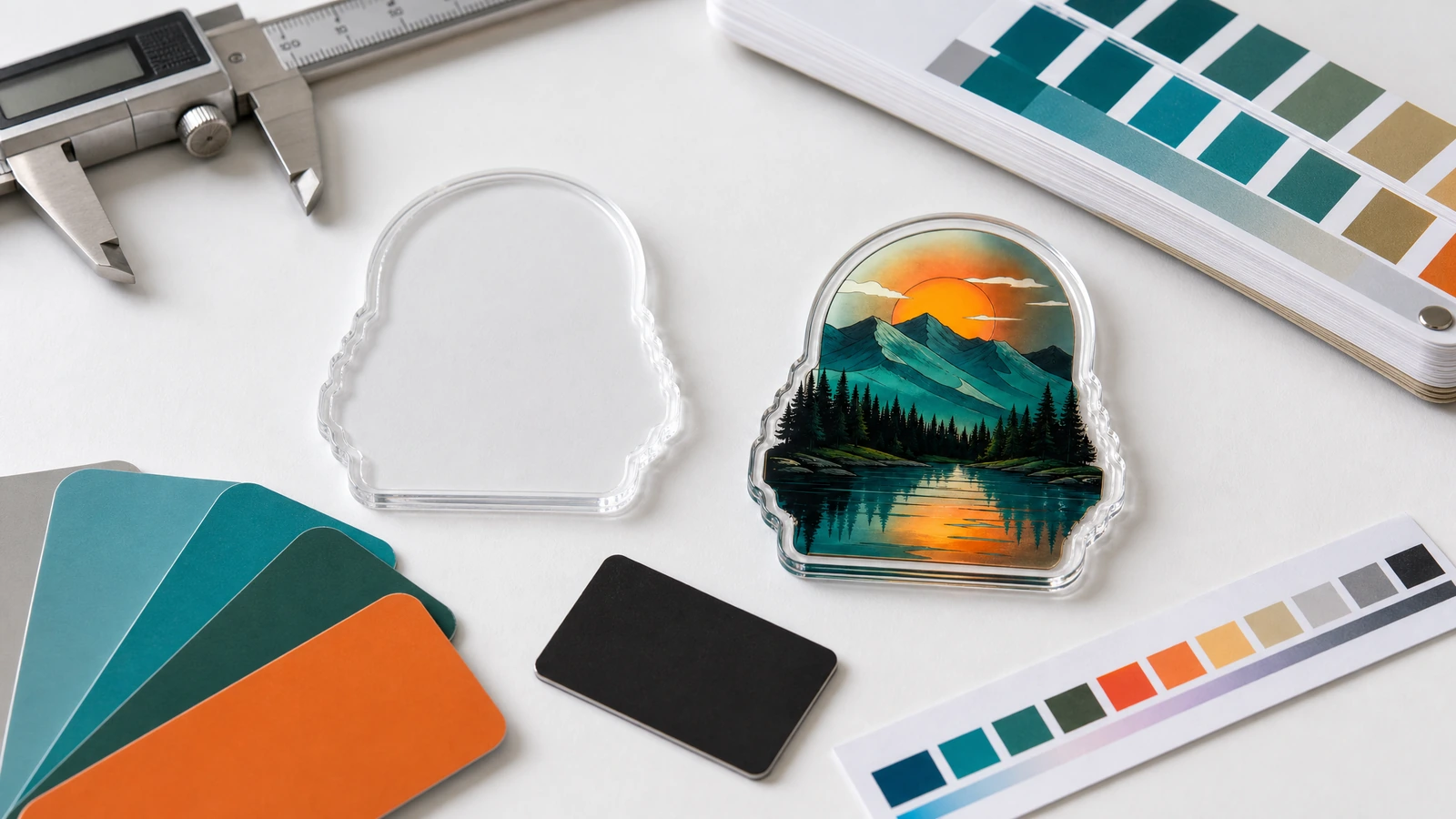 Illustrative acrylic magnet concepts for artist merchandise, travel souvenirs, and wedding favors