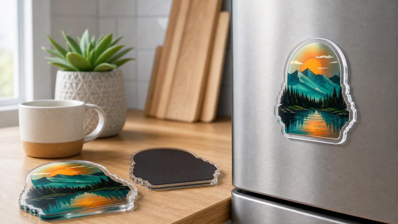 Illustrative individually protected acrylic magnets with backing cards, divided shipping packaging, and a retained sample