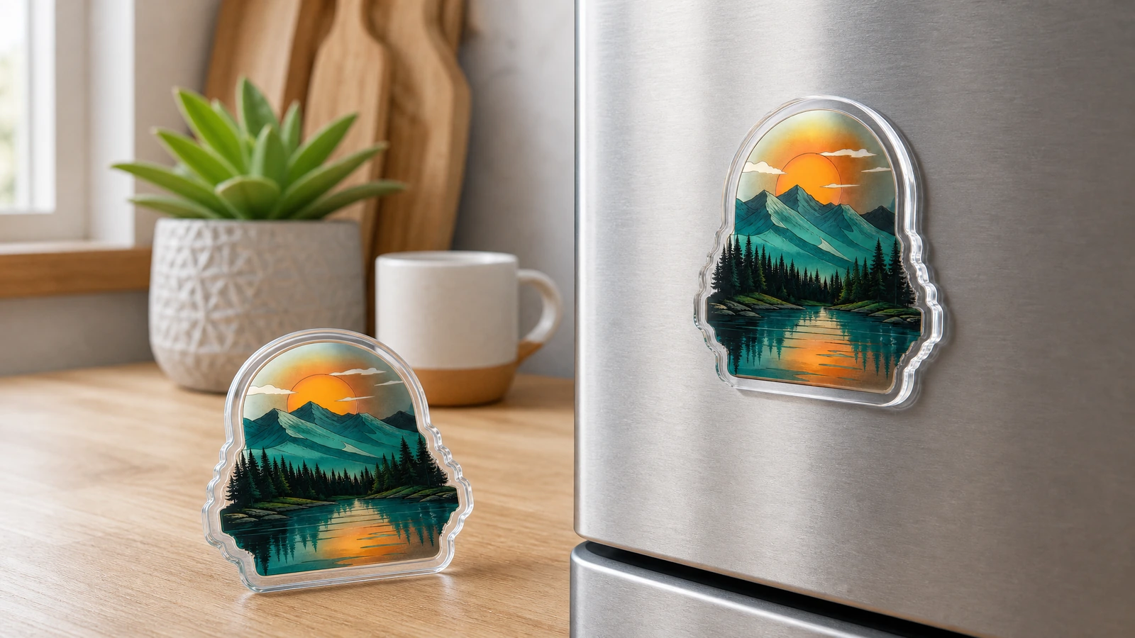 Conceptual production sequence from printed acrylic sheet to cut shapes and assembled fridge magnets