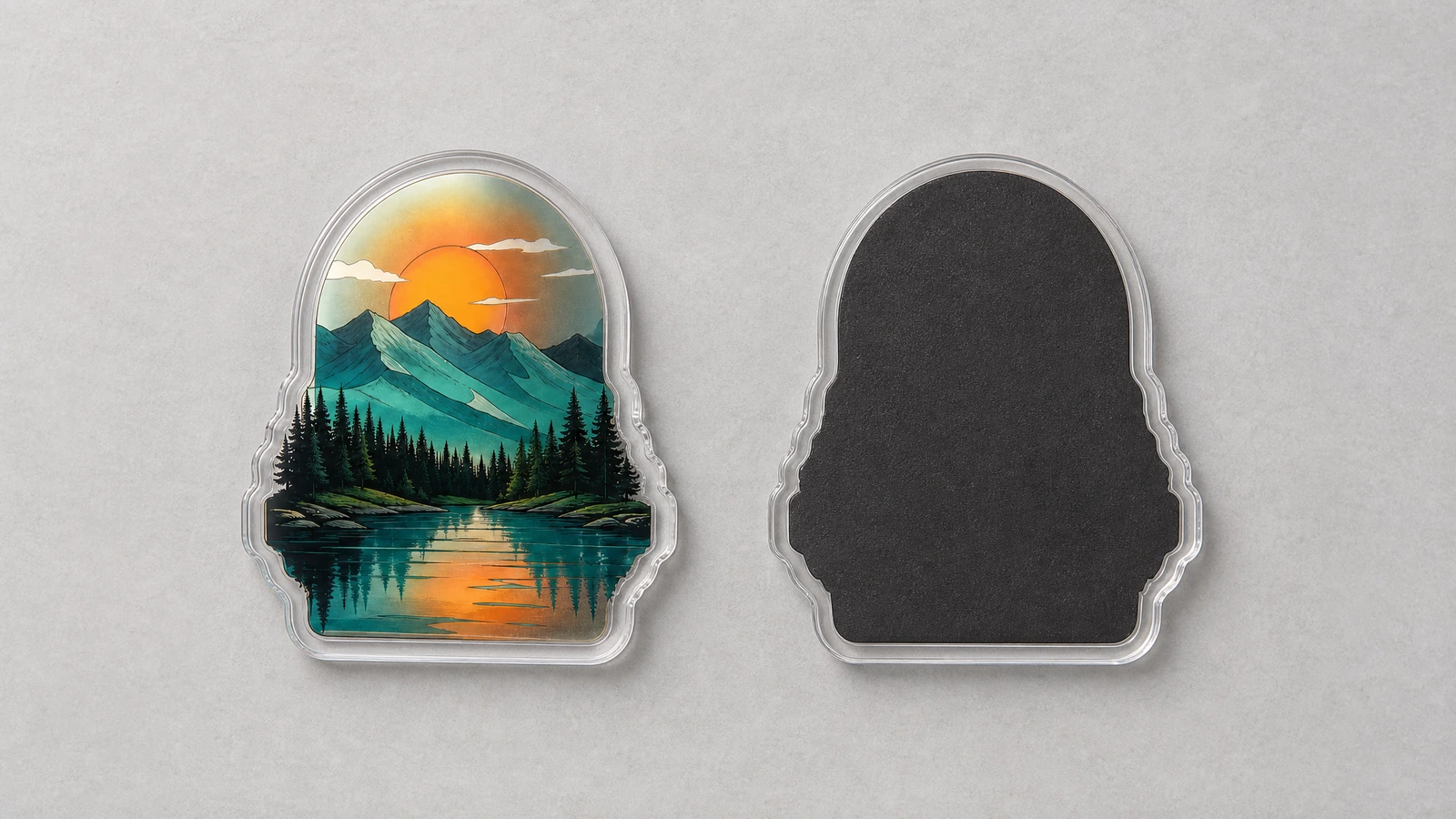 Acrylic magnet design concepts beside a ruler and actual-size paper proofs for readability review